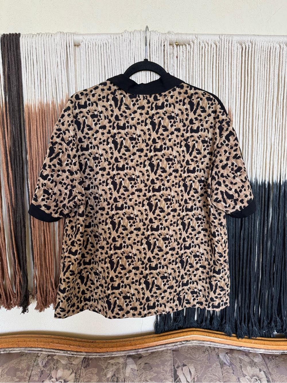 Brown + black leopard print button up shirt with black collar accent - Picture 2 of 3